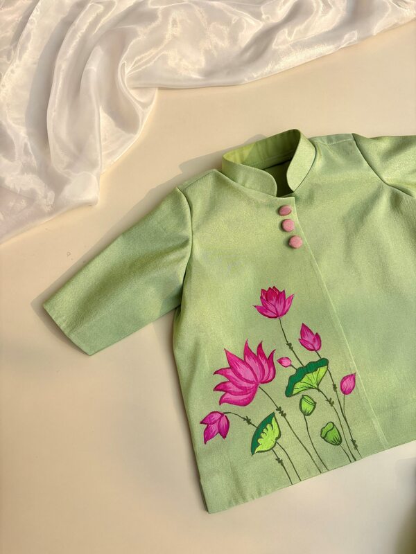 Pista Green Lotus Pichwai Hand-painted Tissue Silk Dhoti set