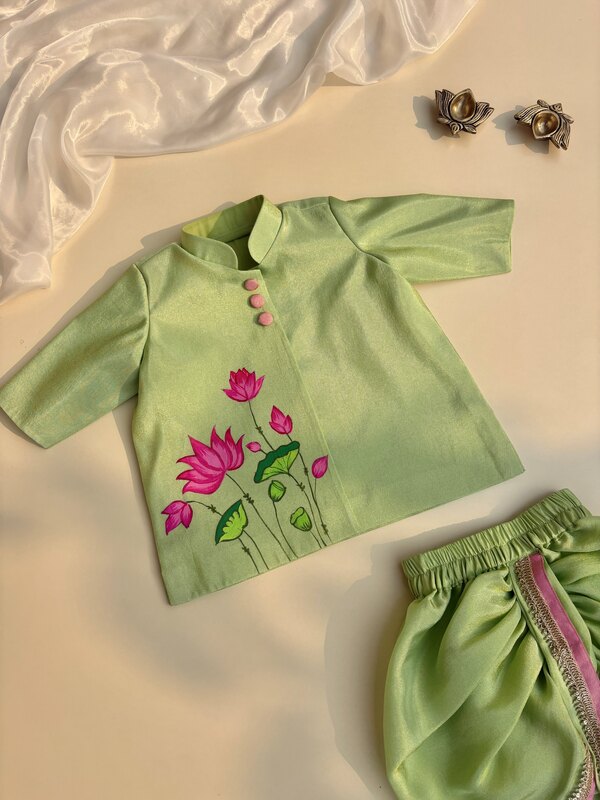 Pista Green Lotus Pichwai Hand-painted Tissue Silk Dhoti set