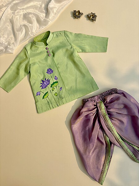 Purply Pistachio Lotus Handpainted Dhoti Silk Set