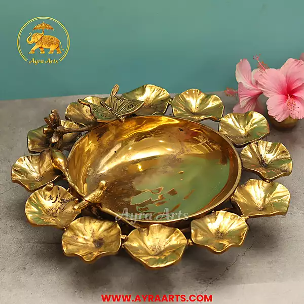 Brass Lotus Urli With Butterfly Bird - 14 Inch Length