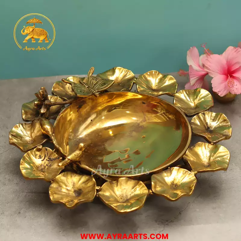 Brass Lotus Urli With Butterfly Bird - 14 Inch Length
