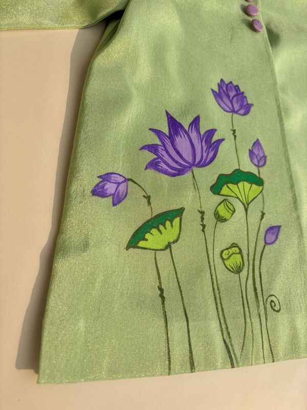 Purply Pistachio Lotus Handpainted Dhoti Silk Set