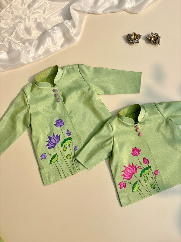 Pistachio Pink Lotus Handpainted Dhoti Silk Set