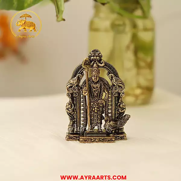 Premium Brass Kumara Swami Murugan Subramanya Kartikeya Skanda With Prabhavali Arch - 3 Inch Height