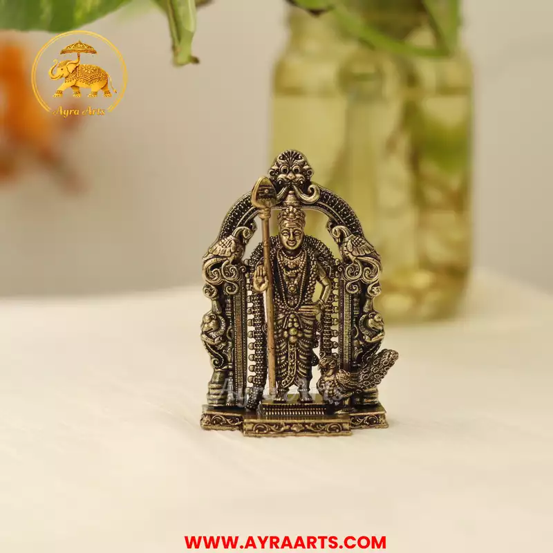 Premium Brass Kumara Swami Murugan Subramanya Kartikeya Skanda With Prabhavali Arch - 3 Inch Height