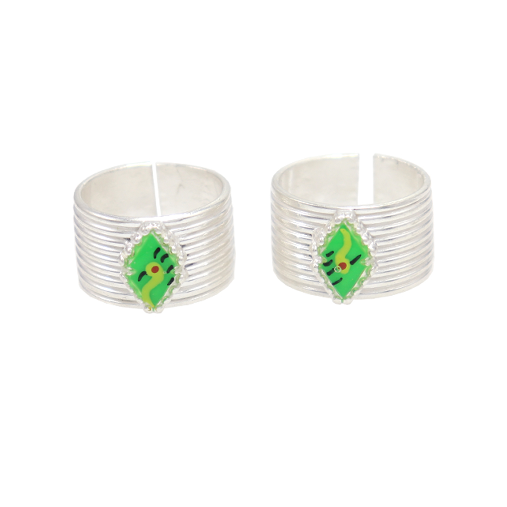 Silver Toe ring, Metti with Green Enamel Design