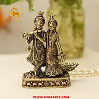 Premium Brass Radha Krishna Peacock Radha Madhav Murti Yugal Jodi Pooja Decor - 4 Inch Height