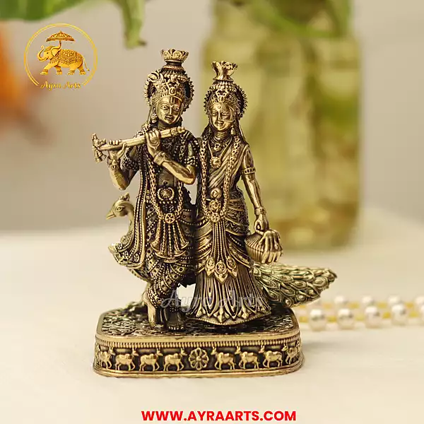 Premium Brass Radha Krishna Peacock Radha Madhav Murti Yugal Jodi Pooja Decor - 4 Inch Height