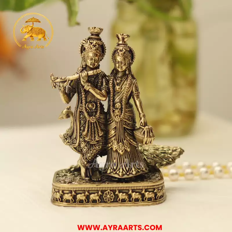 Premium Brass Radha Krishna Peacock Radha Madhav Murti Yugal Jodi Pooja Decor - 4 Inch Height