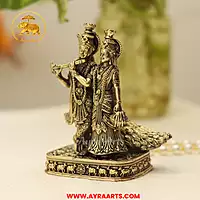 Premium Brass Radha Krishna Peacock Radha Madhav Murti Yugal Jodi Pooja Decor - 4 Inch Height