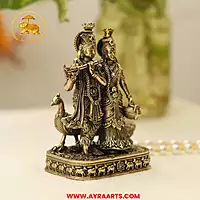 Premium Brass Radha Krishna Peacock Radha Madhav Murti Yugal Jodi Pooja Decor - 4 Inch Height