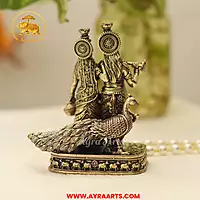 Premium Brass Radha Krishna Peacock Radha Madhav Murti Yugal Jodi Pooja Decor - 4 Inch Height