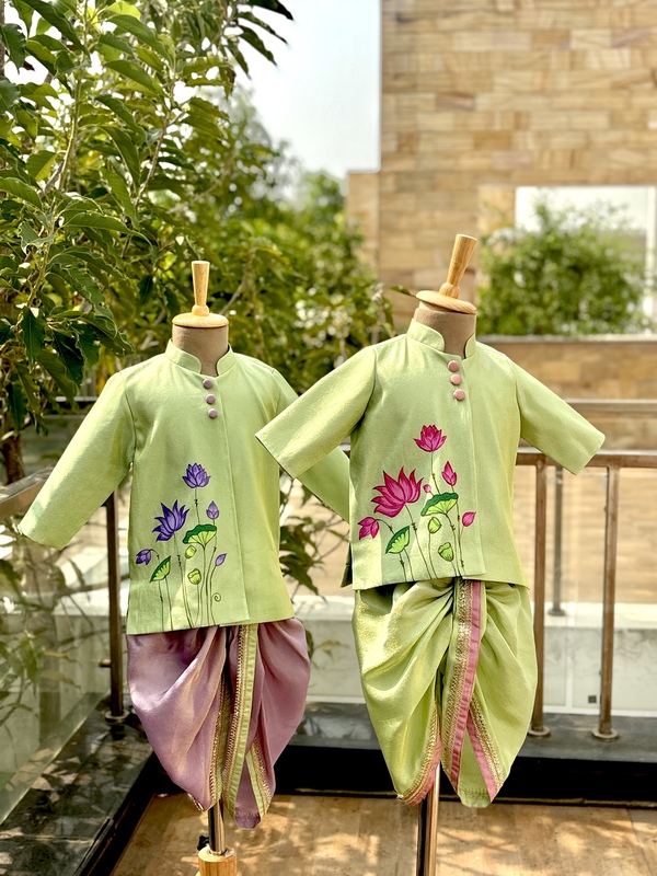 Purply Pistachio Lotus Handpainted Dhoti Silk Set