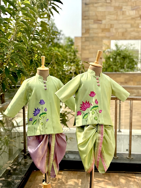 Pistachio Pink Lotus Handpainted Dhoti Silk Set
