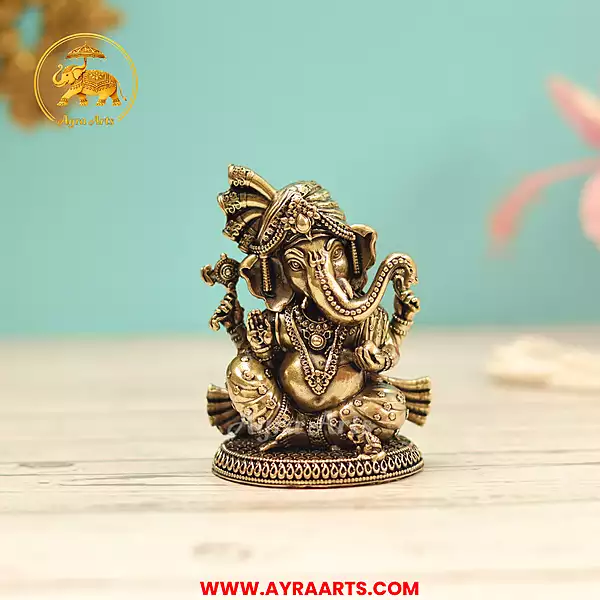 Premium Brass Ganesha Ganapati Vinayaka Gajanan Vighnaharta Pillaiyar Murti Pooja Idol - 3 Inch Height