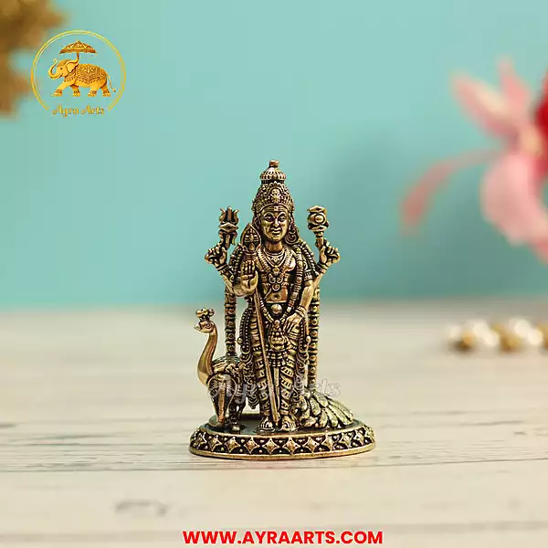 Premium Brass Subramanya Murugan Kartikeya Skanda Vel Ayya Swamy Murti Pooja Idol - 3 Inch Height