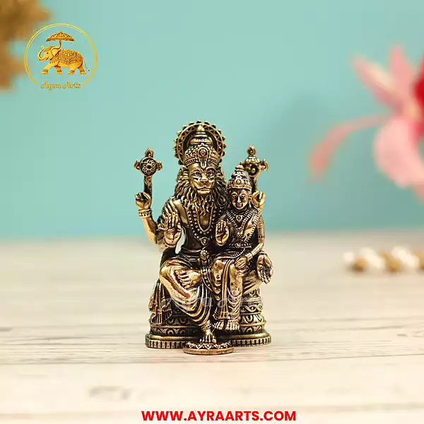 Premium Brass Lakshmi Narasimha Lakshmi Devi Narasimha Swamy Murti Blessing Pooja Idol - 3 Inch Height