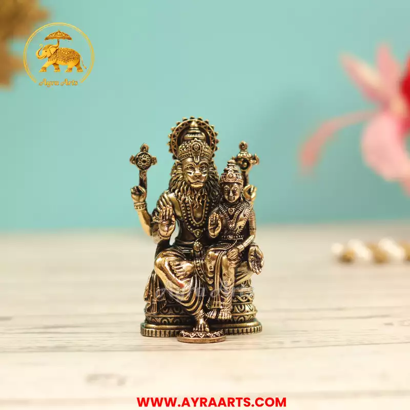 Premium Brass Lakshmi Narasimha Lakshmi Devi Narasimha Swamy Murti Blessing Pooja Idol - 3 Inch Height