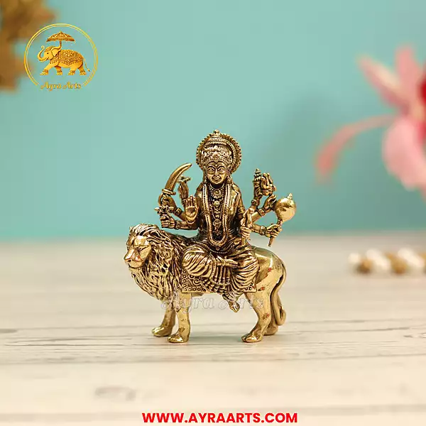 Premium Brass Durga Devi Mahishasura Mardini Navadurga Vijayadasami Pooja Murti - 3 Inch Height