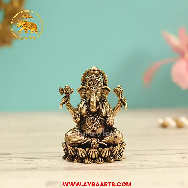 Premium Brass Ganesh Idol Sitting on Lotus - 3 Inch Height