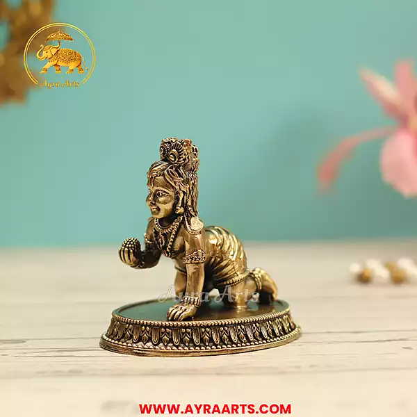 Premium Brass Makhan Chor Bala Gopal Krishna Laddu Gopal Bal Krishna Murti Pooja Decor - 3 Inch Height