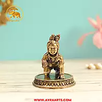 Premium Brass Makhan Chor Bala Gopal Krishna Laddu Gopal Bal Krishna Murti Pooja Decor - 3 Inch Height
