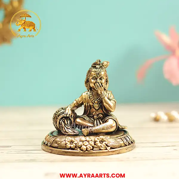 Premium Brass Makhan Chor Bala Gopal Krishna Kanhaiya Makhan Khata Laddu Gopal Murti - 3 Inch Height