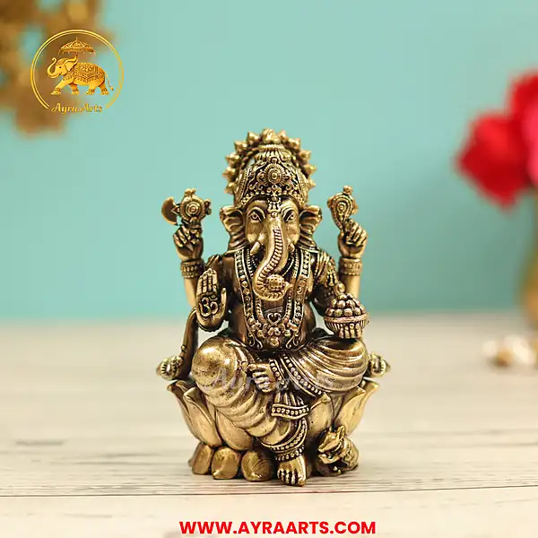 Premium Brass Lord Ganesha Idol sitting on Lotus Ganpati Murti Statue - 2.5 Inch Height