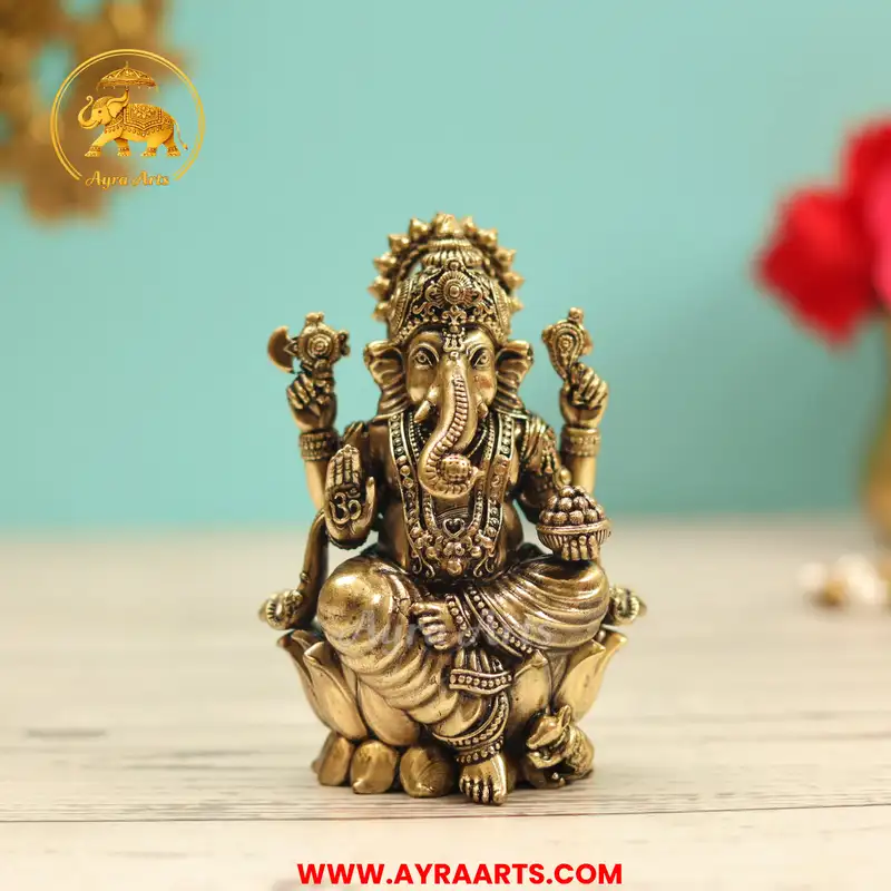 Premium Brass Lord Ganesha Idol sitting on Lotus Ganpati Murti Statue - 2.5 Inch Height