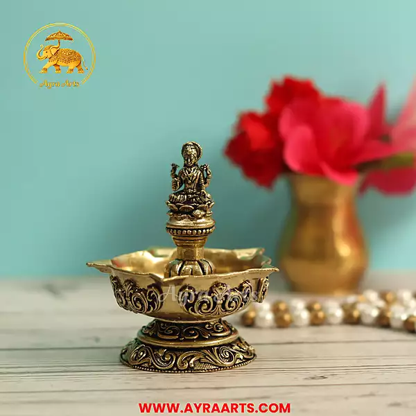 Premium Brass Lakshmi Deepak Panchmukhi Diya Five Wick Kamal Lakshmi Mata Pooja Lamp - 3 Inch Height