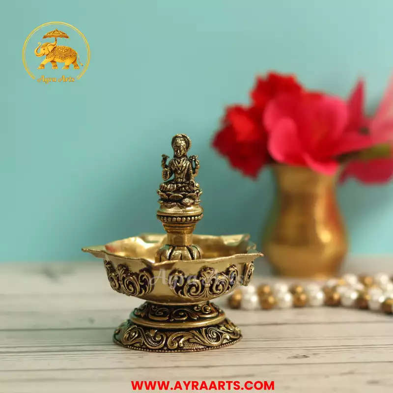 Premium Brass Lakshmi Deepak Panchmukhi Diya Five Wick Kamal Lakshmi Mata Pooja Lamp - 3 Inch Height