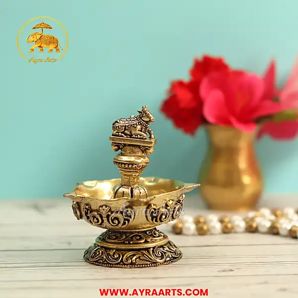 Premium Brass Nandi Deepak Panchmukhi Diya Five Wick Nandi Bull Shiva Pooja Lamp - 3 Inch Height