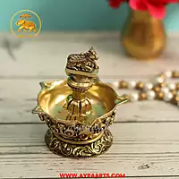 Premium Brass Nandi Deepak Panchmukhi Diya Five Wick Nandi Bull Shiva Pooja Lamp - 3 Inch Height