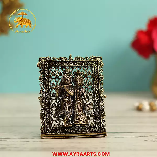 Premium Brass Radha Krishna Radha Madhav Yugal Jodi Table Frame Gift Pooja Home Decor - 3 Inch Height