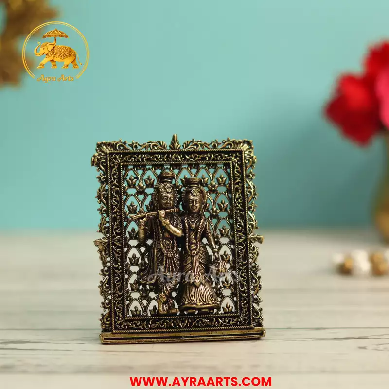 Premium Brass Radha Krishna Radha Madhav Yugal Jodi Table Frame Gift Pooja Home Decor - 3 Inch Height