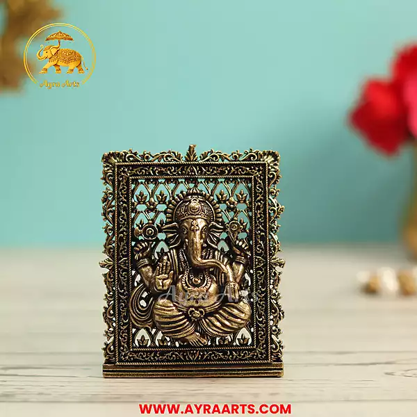Premium Brass Ganesha Ganapati Vinayaka Table Frame Gift Pooja Mandir Home Decor - 3 Inch Height