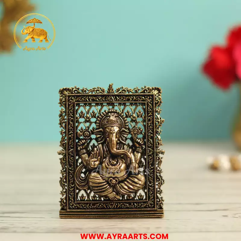 Premium Brass Ganesha Ganapati Vinayaka Table Frame Gift Pooja Mandir Home Decor - 3 Inch Height
