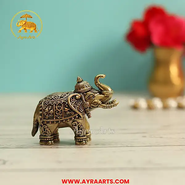 Premium Brass Elephant Gaja Hathi Trunk Up Gajendra Vastu Figurine Pooja Home Decor - 2 Inch Height