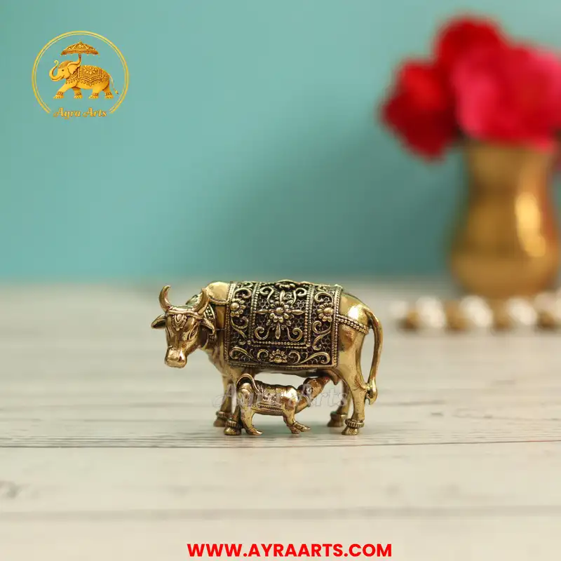 Premium Brass Kamadhenu Cow Calf Gau Mata Kamdhenu Gai Vatsalya Murti Pooja Decor - 1.5 Inch Height