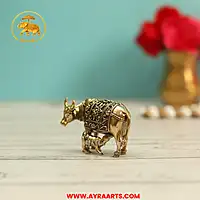 Premium Brass Kamadhenu Cow Calf Gau Mata Kamdhenu Gai Vatsalya Murti Pooja Decor - 1.5 Inch Height