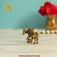 Premium Brass Kamadhenu Cow Calf Gau Mata Kamdhenu Gai Vatsalya Murti Pooja Decor - 1.5 Inch Height