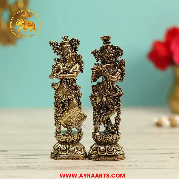 Premium Brass Radha Krishna Radha Madhav Yugal Jodi Murti Govinda Gopala Pooja Decor - 4 Inch Height