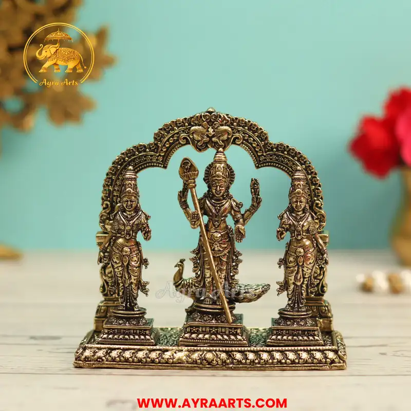 Premium Brass Kumara Swami Murugan Valli Devasena Subramanya With Prabhavali Arch - 4 Inch Height