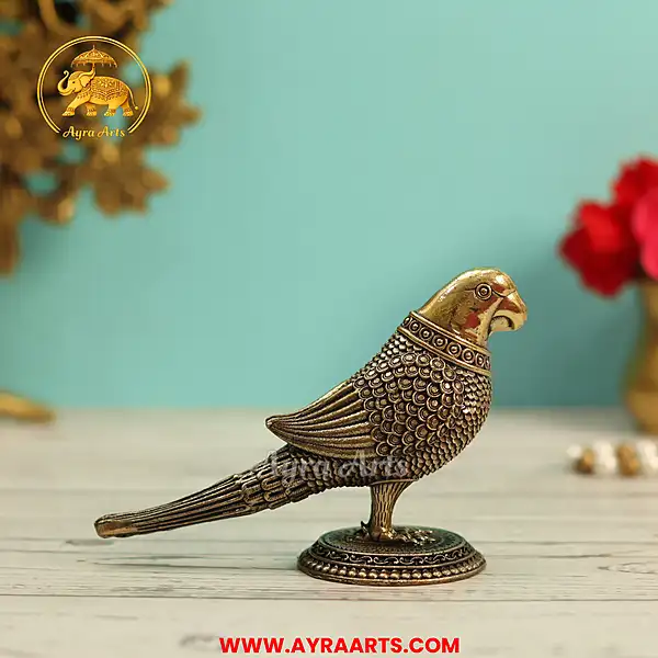 Premium Brass Parrot Tota Shuka Bird Figurine Pakshi Murti Decorative Home Decor - 3.3 Inch Height