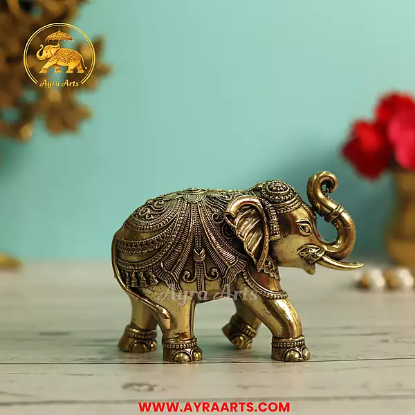 Premium Brass Elephant Gaja Hathi Figurine Gajendra Murti Home Decor - 3 Inch Height
