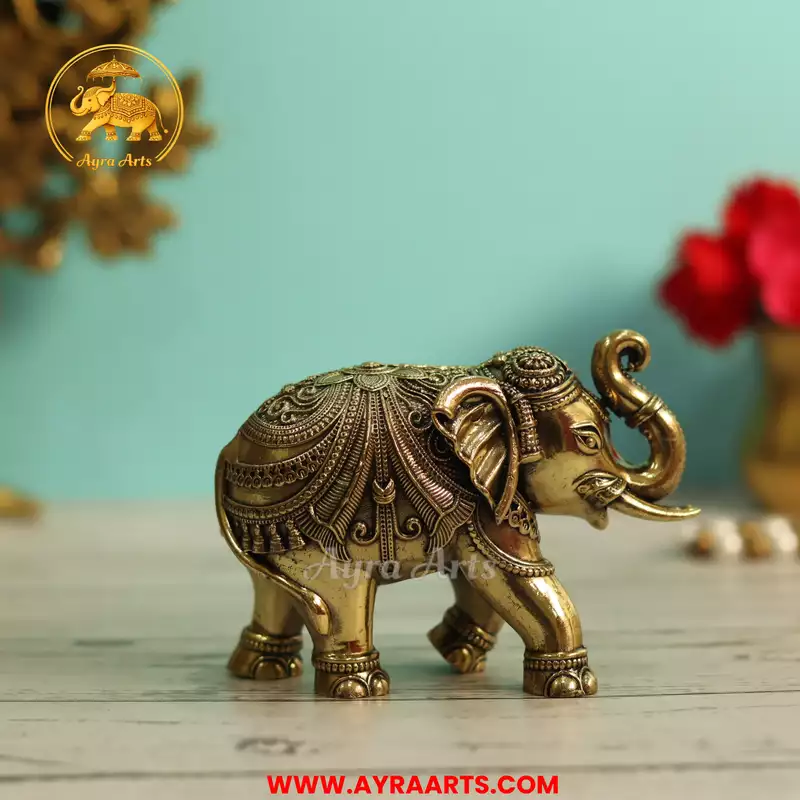 Premium Brass Elephant Gaja Hathi Figurine Gajendra Murti Home Decor - 3 Inch Height
