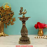 Premium Brass Peacock Mayur Standing Diya Deepam Vilakku Pooja Oil Lamp Mandir Decor - 8.5 Inch Height