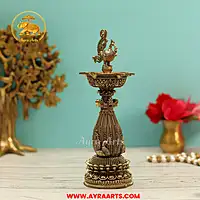 Premium Brass Peacock Mayur Standing Diya Deepam Vilakku Pooja Oil Lamp Mandir Decor - 8.5 Inch Height