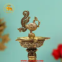 Premium Brass Peacock Mayur Standing Diya Deepam Vilakku Pooja Oil Lamp Mandir Decor - 8.5 Inch Height
