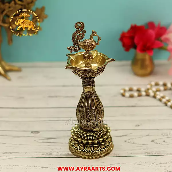 Premium Brass Peacock Mayur Standing Diya Deepam Vilakku Pooja Oil Lamp Mandir Decor - 8.5 Inch Height